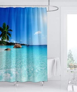 Seaside Landscape Shower Curtain with Palm Trees and Blue Sky - Ocean Beach Theme