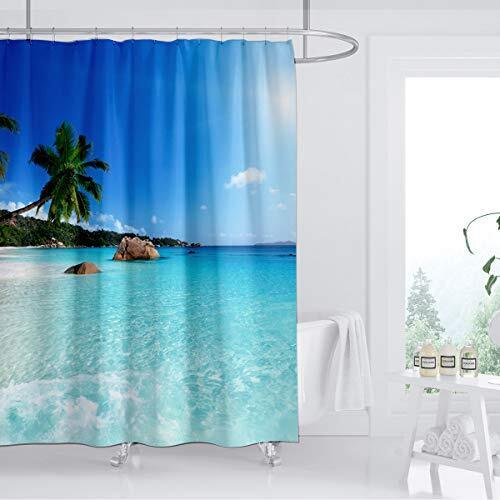 Seaside Landscape Shower Curtain with Palm Trees and Blue Sky - Ocean Beach Theme