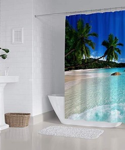 Seaside Landscape Shower Curtain with Palm Trees and Blue Sky - Ocean Beach Theme