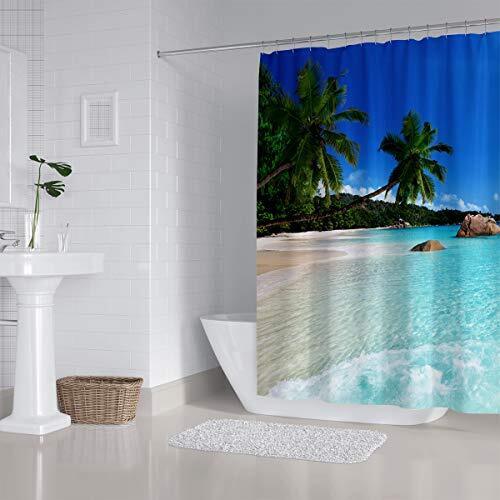 Seaside Landscape Shower Curtain with Palm Trees and Blue Sky - Ocean Beach Theme