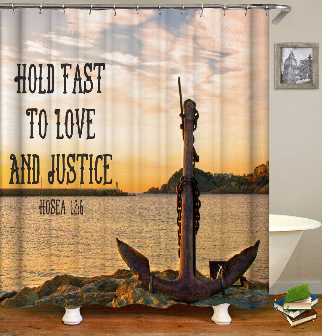 Seaside Landscape Sunset Anchor Boy Bathroom Shower Curtain - Waterproof and Rust-Resistant Bathroom Decor
