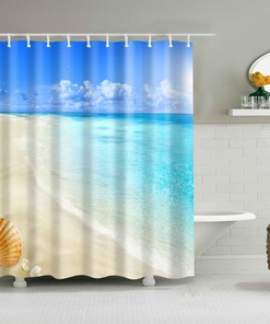 Seaside Navy Sky Seashells Decorative Shower Curtain With Hibiscus Flowers
