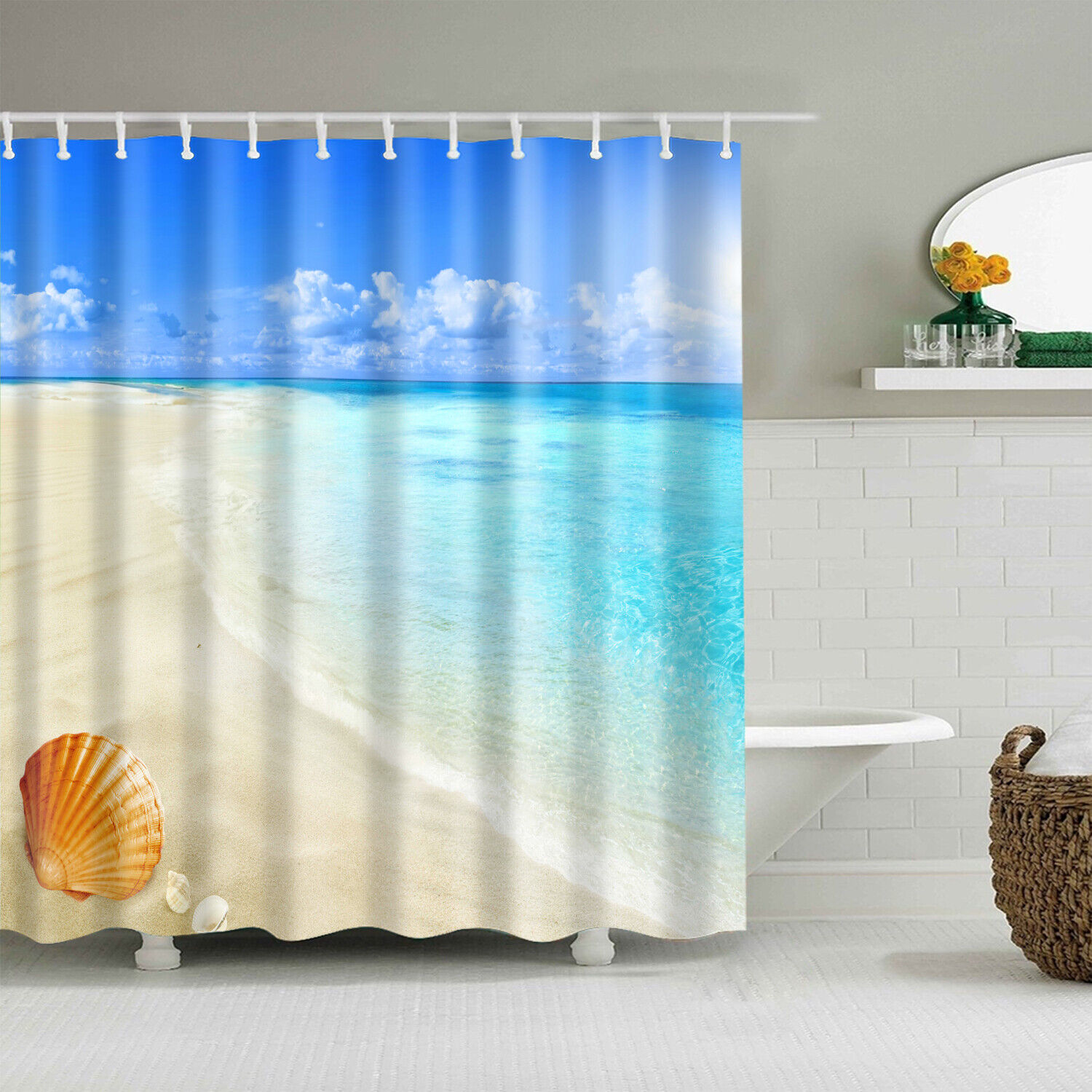 Seaside Navy Sky Seashells Decorative Shower Curtain With Hibiscus Flowers