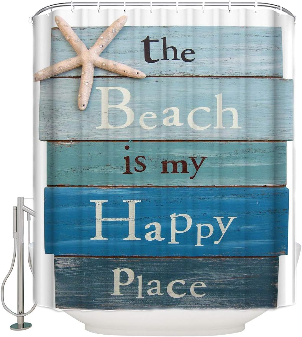 Seaside Scene Shower Curtain with Seashell and Starfish Print for Bathroom - Fabric Shower Curtain for Bathrooms