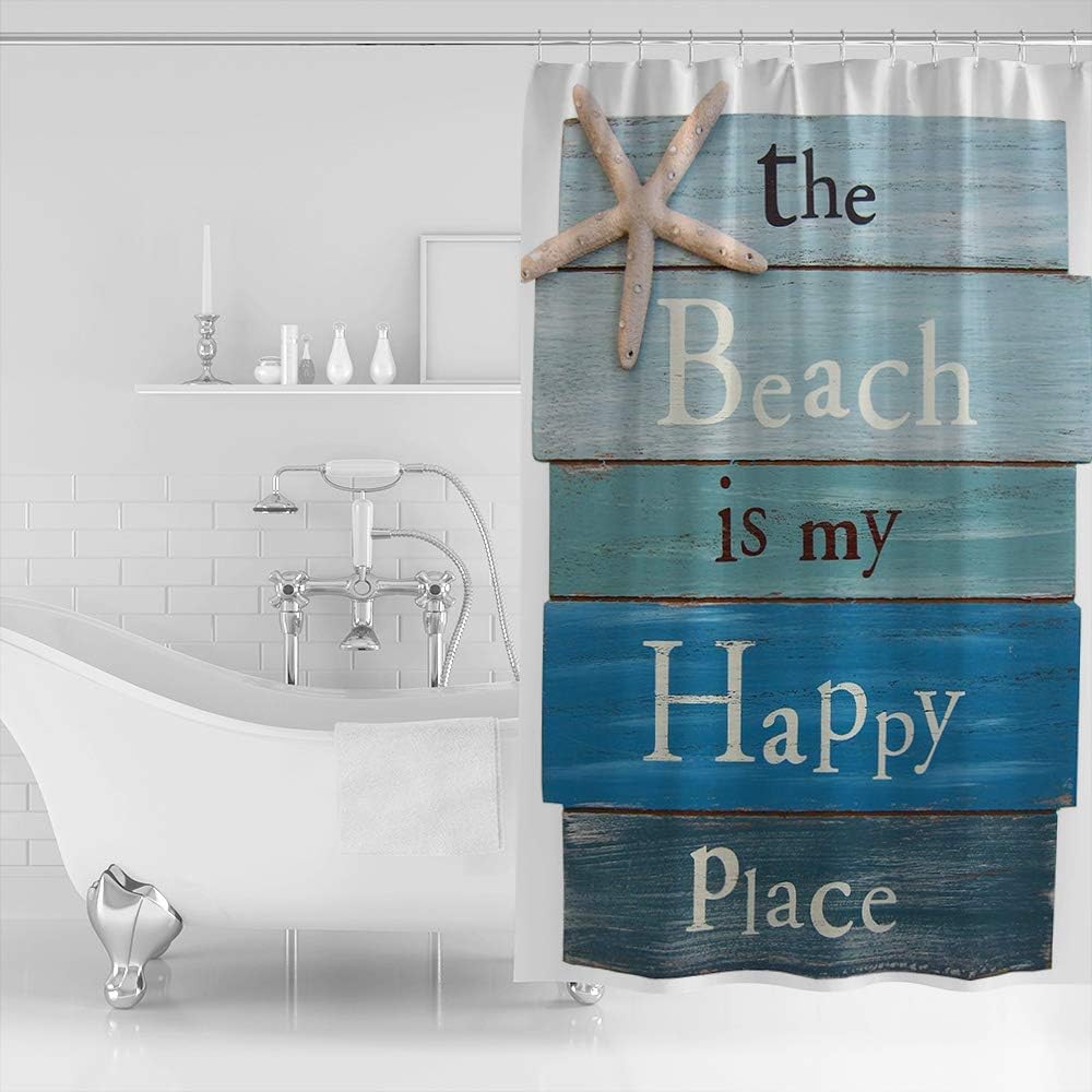 Seaside Scene Shower Curtain with Seashell and Starfish Print for Bathroom - Fabric Shower Curtain for Bathrooms