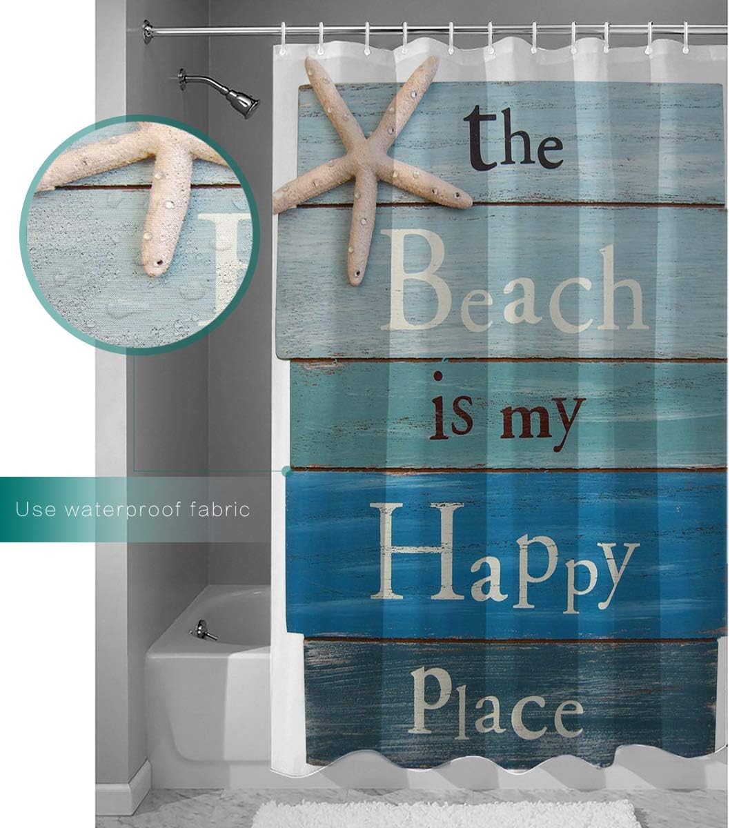 Seaside Scene Shower Curtain with Seashell and Starfish Print for Bathroom - Fabric Shower Curtain for Bathrooms