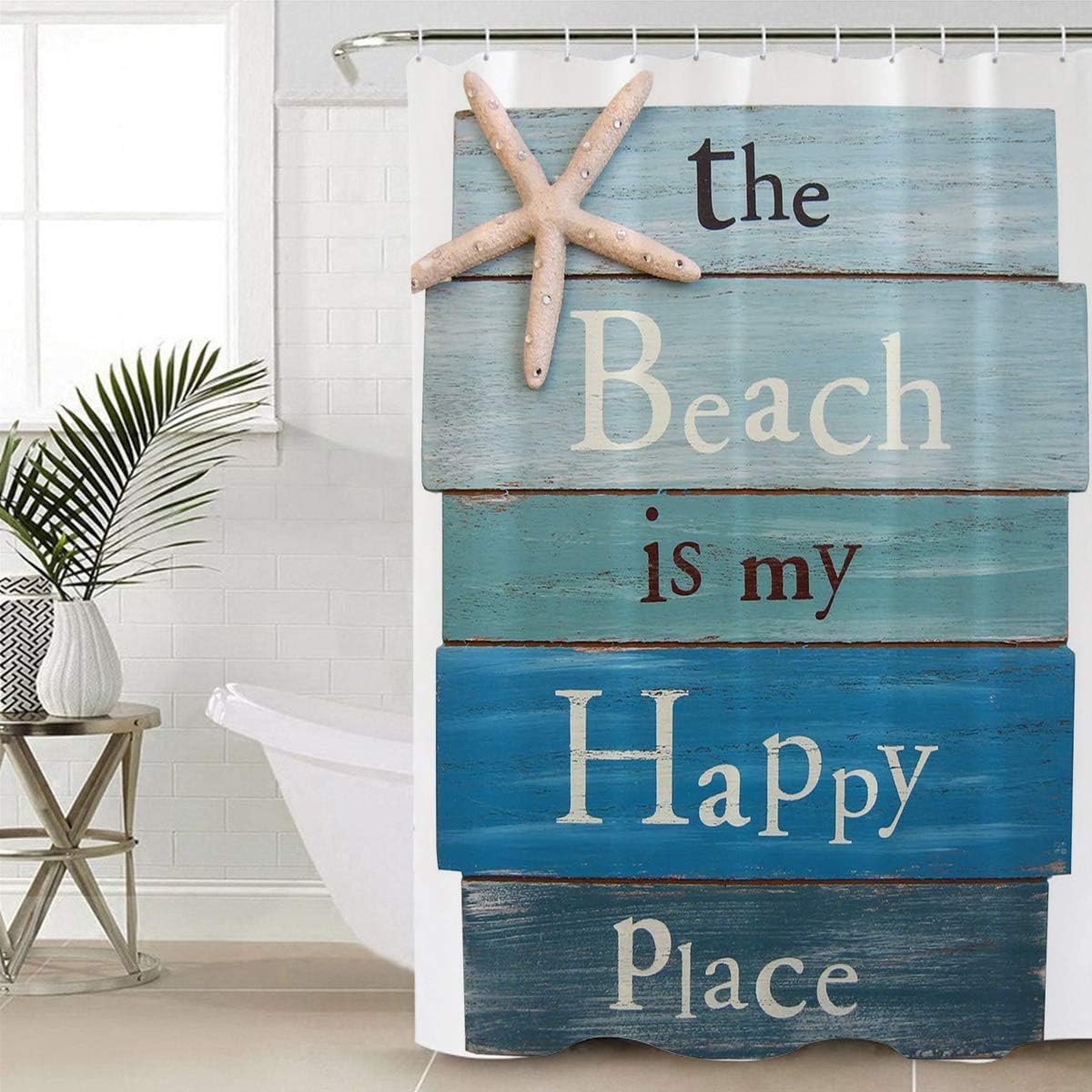 Seaside Scene Shower Curtain with Seashell and Starfish Print for Bathroom - Fabric Shower Curtain for Bathrooms