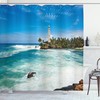 Seaside Serenity: Lighthouse and Palm Trees Seaside Beach Shower Curtain 
