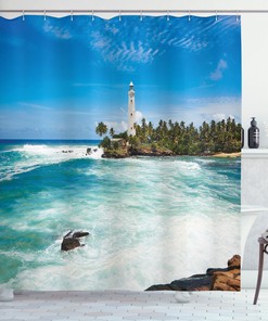 Seaside Serenity: Lighthouse and Palm Trees Seaside Beach Shower Curtain 