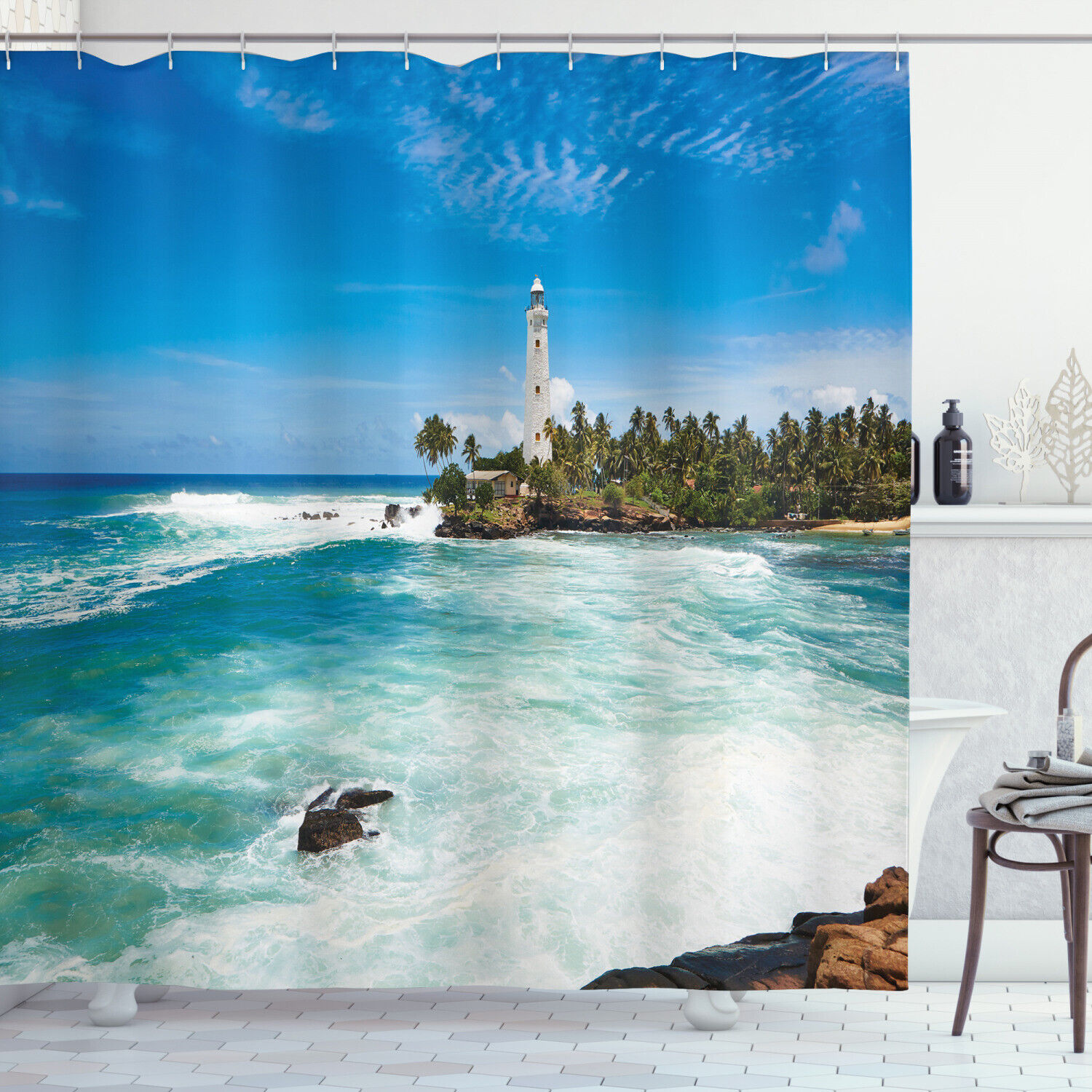 Seaside Serenity: Lighthouse and Palm Trees Seaside Beach Shower Curtain