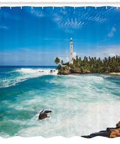 Seaside Serenity: Lighthouse and Palm Trees Seaside Beach Shower Curtain