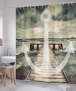 Seaside Walk Anchor Waves Print Shower Curtain, Waterproof Bathroom Decor with Seascape Quotes