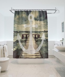 Seaside Walk Anchor Waves Print Shower Curtain, Waterproof Bathroom Decor with Seascape Quotes