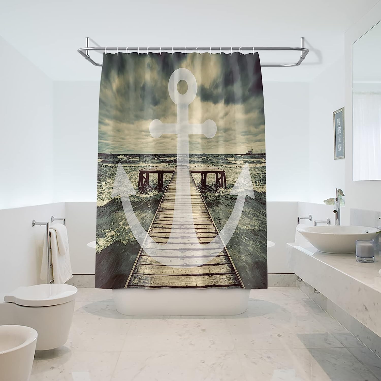 Seaside Walk Anchor Waves Print Shower Curtain, Waterproof Bathroom Decor with Seascape Quotes