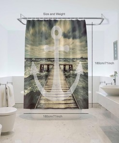 Seaside Walk Anchor Waves Print Shower Curtain, Waterproof Bathroom Decor with Seascape Quotes