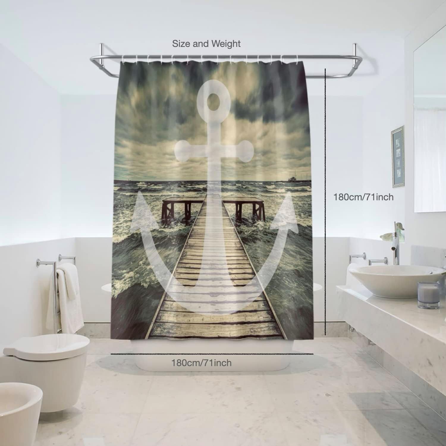 Seaside Walk Anchor Waves Print Shower Curtain, Waterproof Bathroom Decor with Seascape Quotes