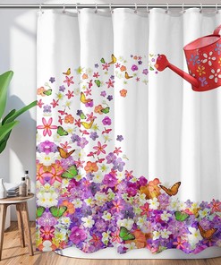 Seasonal Butterfly Shower Curtain with Floral Prints, Spring and Summer Bathroom Decor 