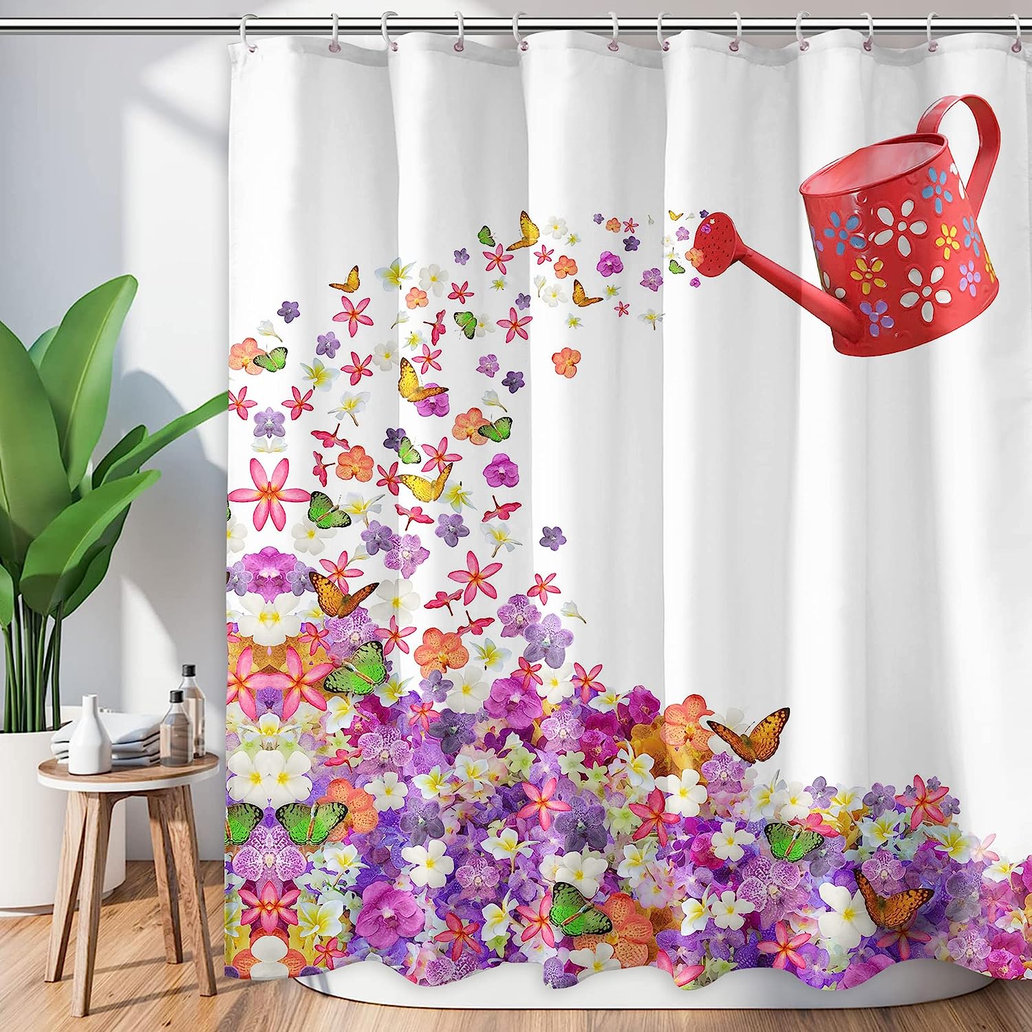 Seasonal Butterfly Shower Curtain with Floral Prints, Spring and Summer Bathroom Decor