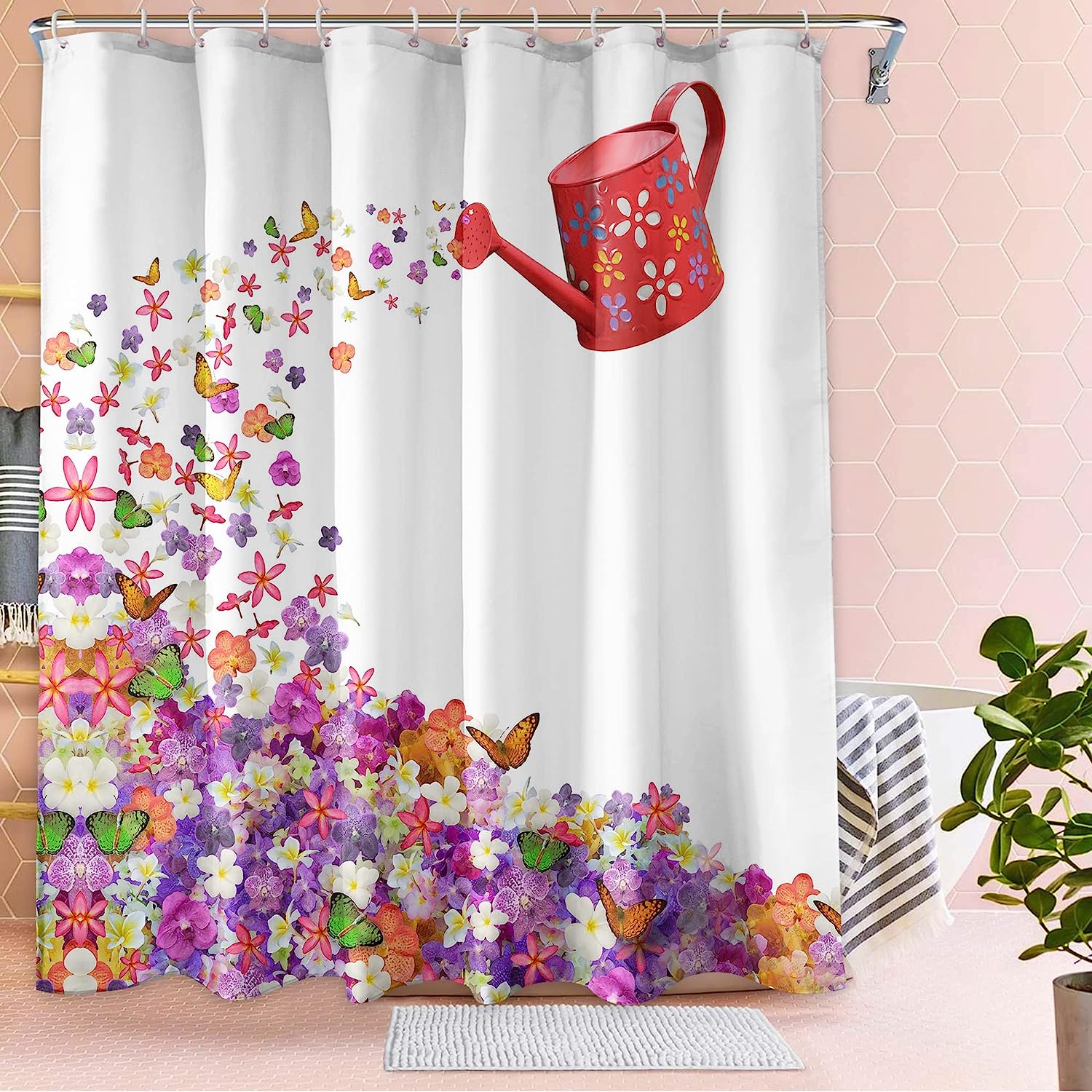 Seasonal Butterfly Shower Curtain with Floral Prints, Spring and Summer Bathroom Decor