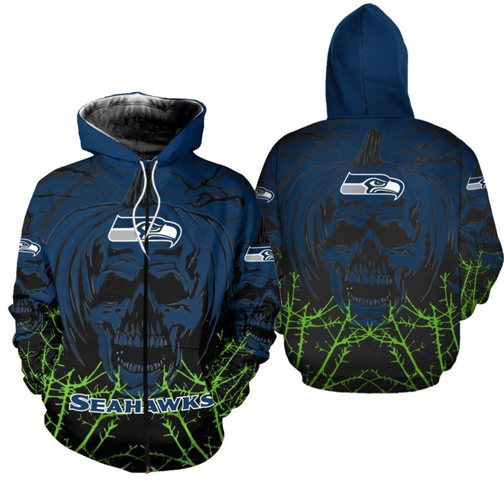 Seattle Seahawks Halloween Pumpkin Skull All Over Print Zip Up Hoodie
