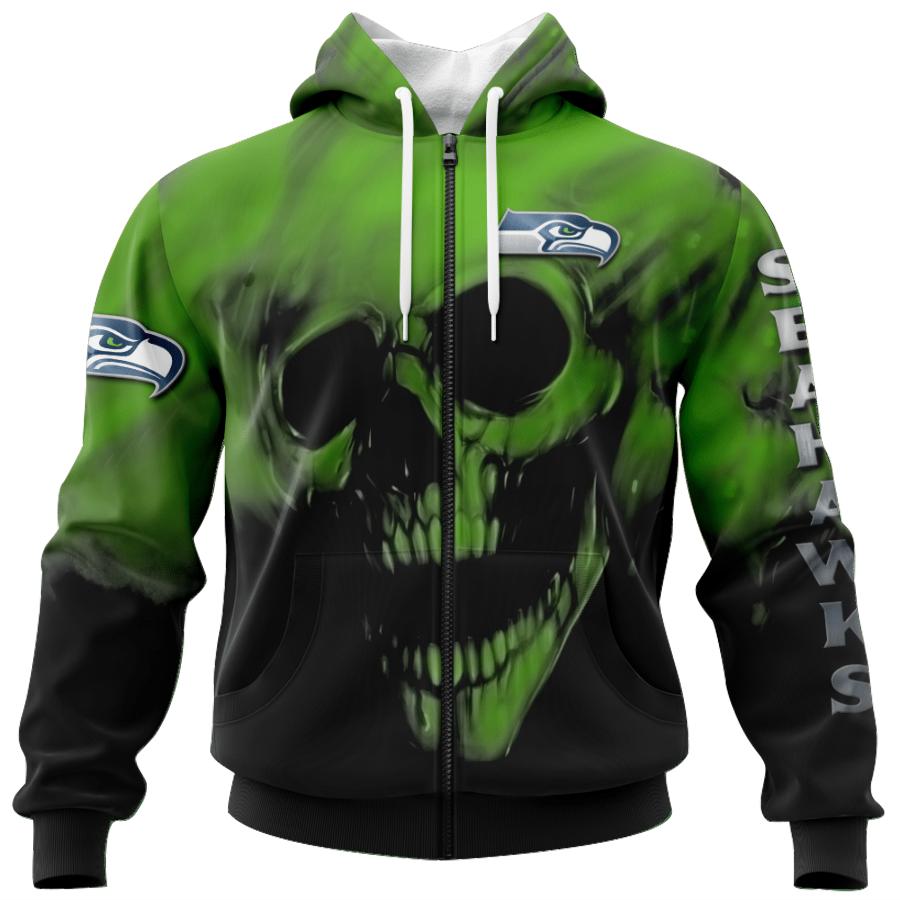 Seattle Seahawks Skull Hoodie All Over Print Custom Name & Number - Gifts For Fans