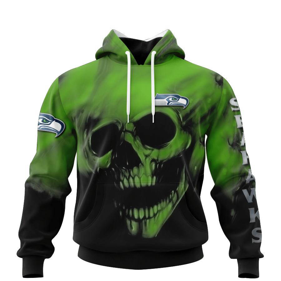 Seattle Seahawks Skull Hoodie All Over Print Custom Name & Number - Gifts For Fans