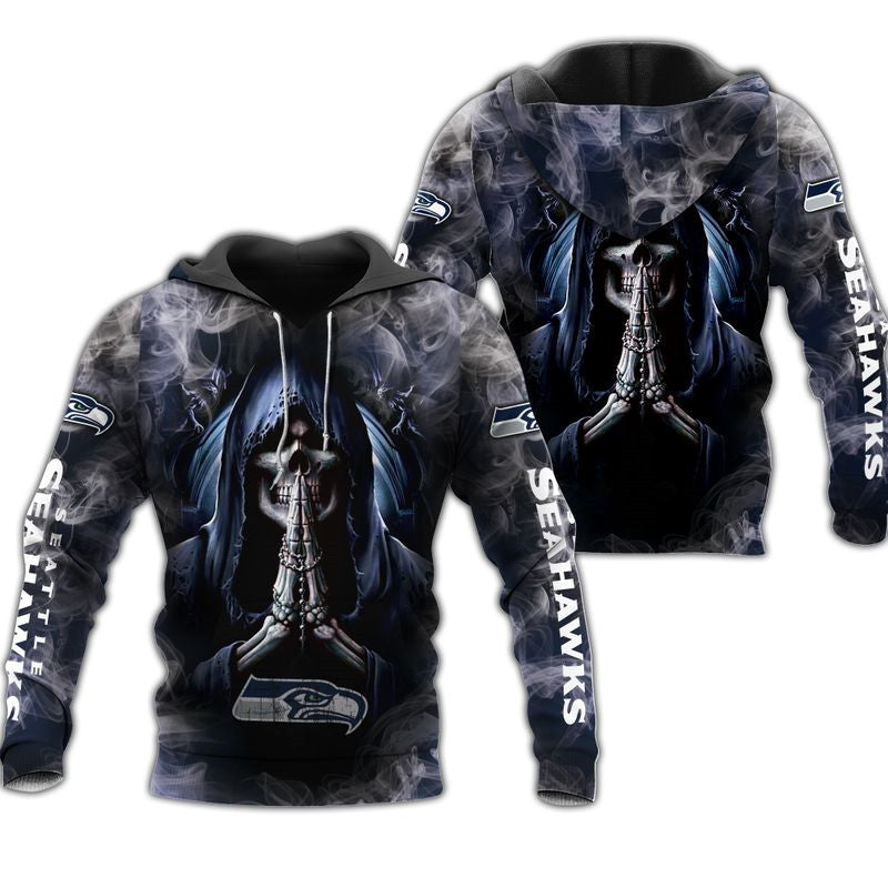 Seattle Seahawks Skull Hoodie - Background Smoke 3D All Over Print Hoodie Gifts For Fans