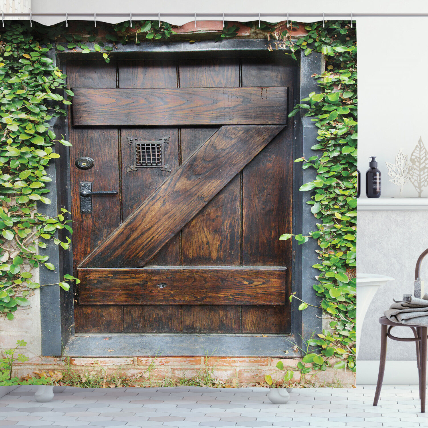 Secret Garden Wooden Door Print Shower Curtain, Spanish Antique Theme