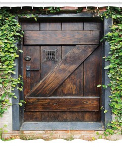Secret Garden Wooden Door Print Shower Curtain, Spanish Antique Theme