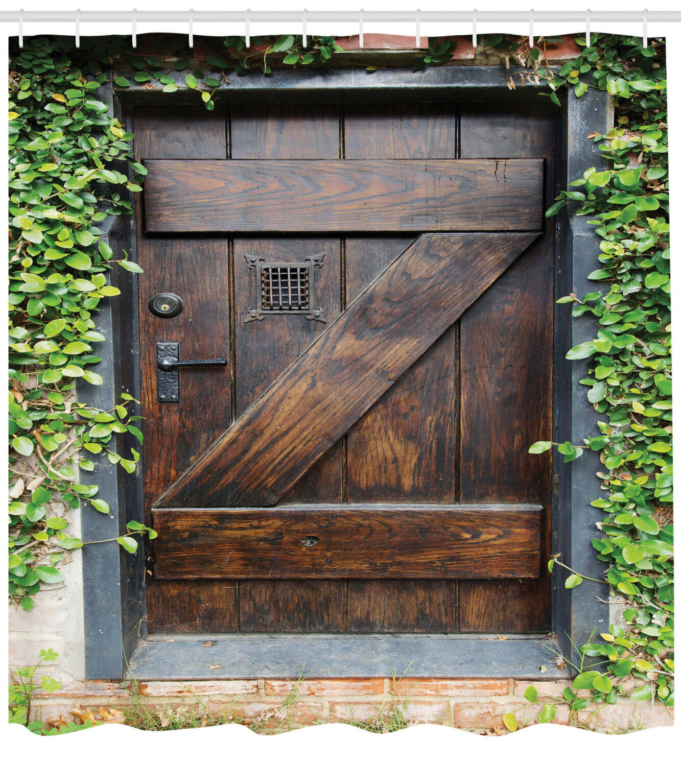 Secret Garden Wooden Door Print Shower Curtain, Spanish Antique Theme