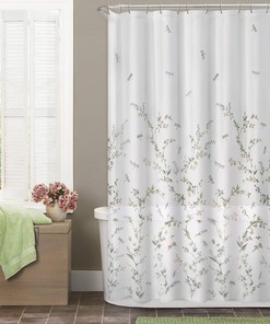 Semi Sheer Fabric Shower Curtain with Dragonfly Garden Design by MAYTEX