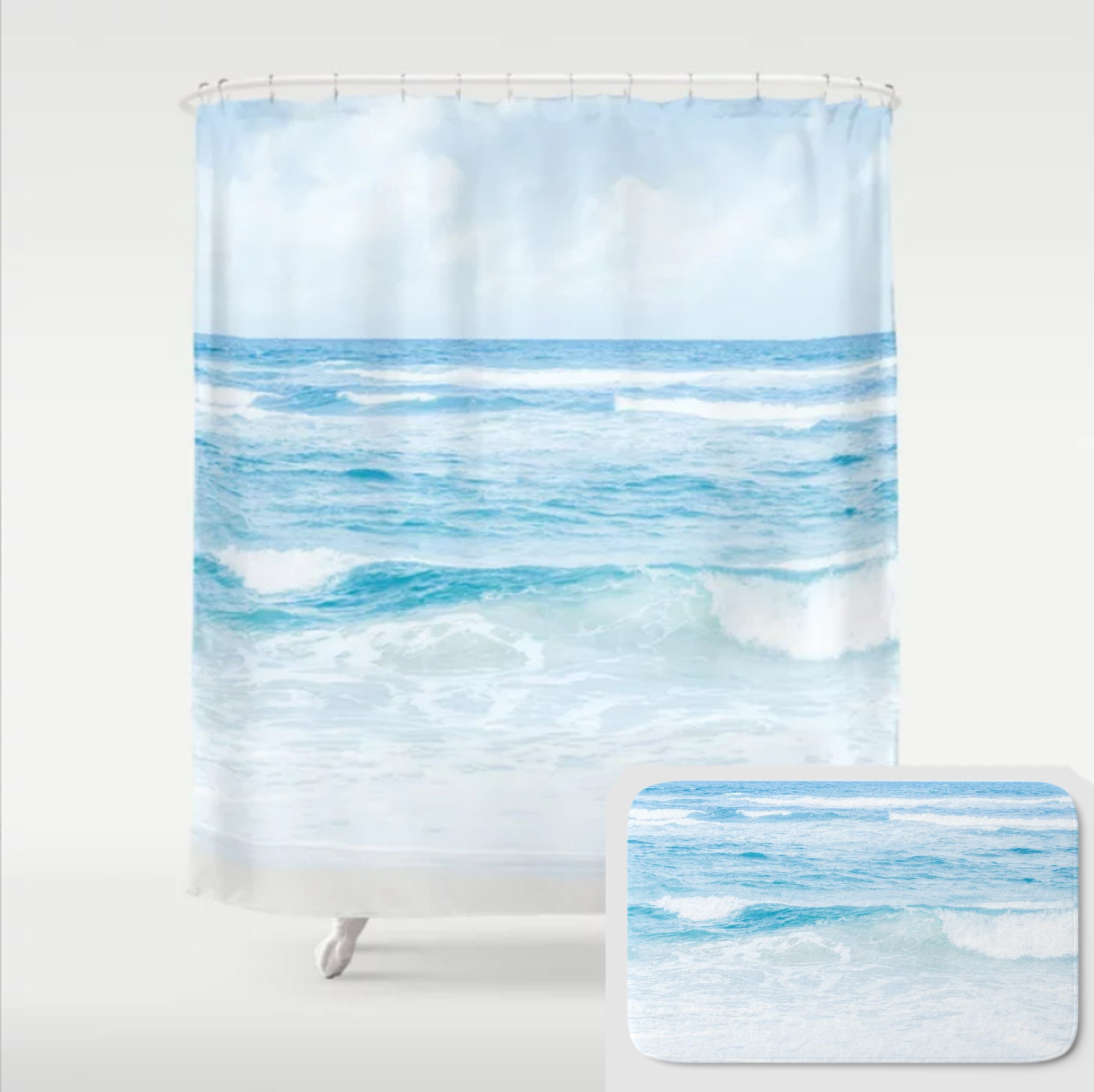 Serene Beach Bathroom Decor Shower Curtain With Ocean Waves - Coastal Shower Curtain