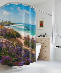Serene Beach Scene Shower Curtain, Peaceful Bathroom Decor For Nature Lovers
