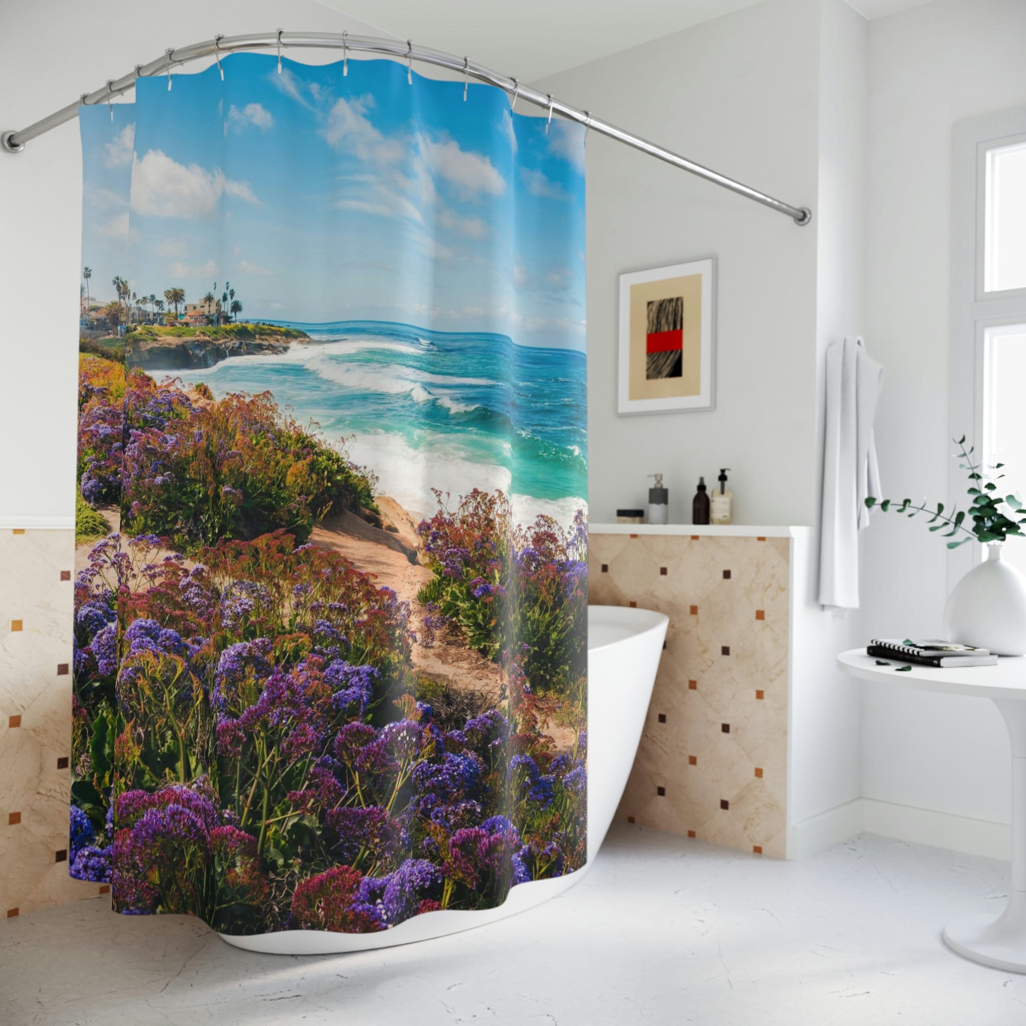 Serene Beach Scene Shower Curtain, Peaceful Bathroom Decor For Nature Lovers