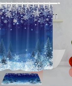 Serene Christmas Fir Forest Shower Curtain - Snowflakes And Stars Bathroom Decor