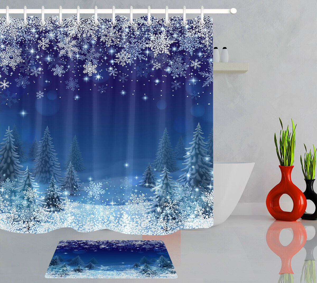 Serene Christmas Fir Forest Shower Curtain - Snowflakes And Stars Bathroom Decor