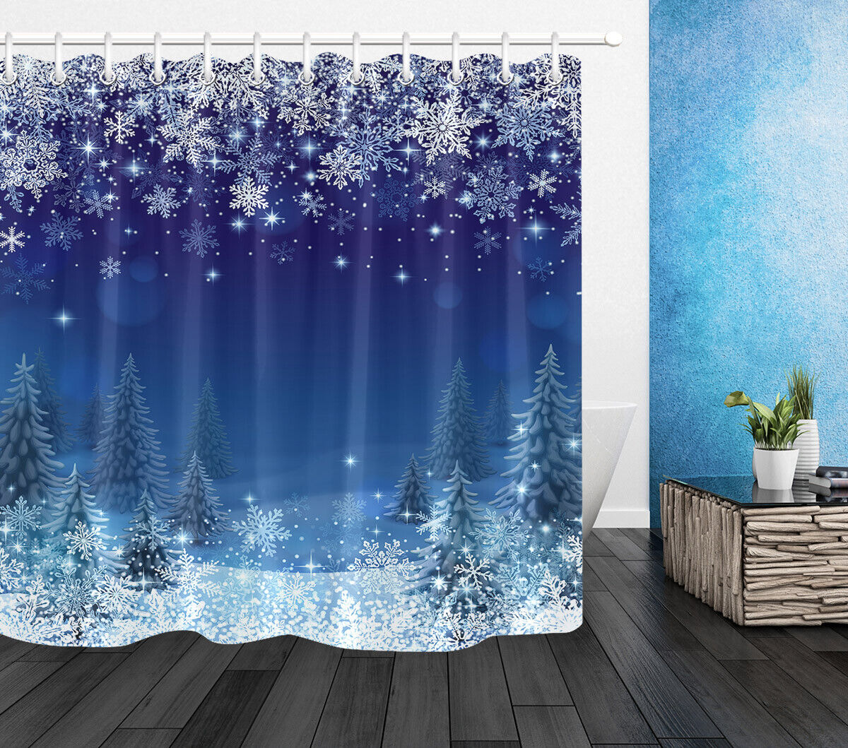 Serene Christmas Fir Forest Shower Curtain - Snowflakes And Stars Bathroom Decor - Image 2