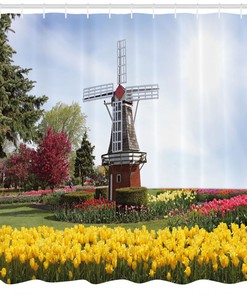 Serene Garden Tulips Windmill Shower Curtain Print for a Refreshing and Modern Bathroom Decor