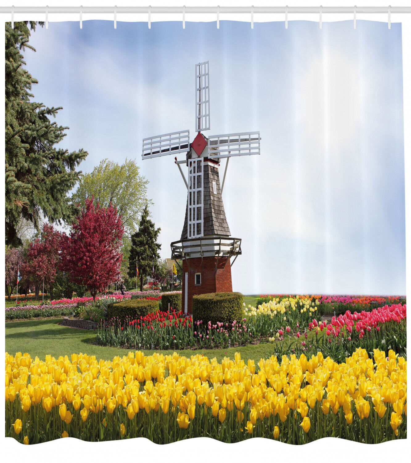 Serene Garden Tulips Windmill Shower Curtain Print for a Refreshing and Modern Bathroom Decor