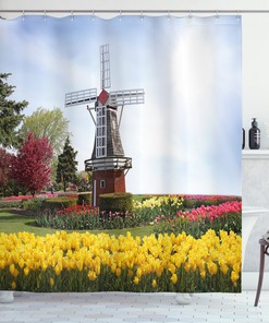 Serene Garden Tulips Windmill Shower Curtain Print for a Refreshing and Modern Bathroom Decor