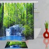 Serene Green Jungle Stream Waterfall Shower Curtain With Tropical Woods Print For Tranquil Bathroom Decor