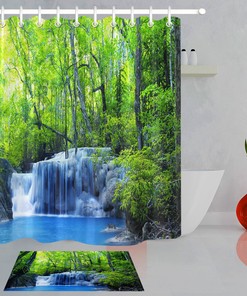 Serene Green Jungle Stream Waterfall Shower Curtain With Tropical Woods Print For Tranquil Bathroom Decor