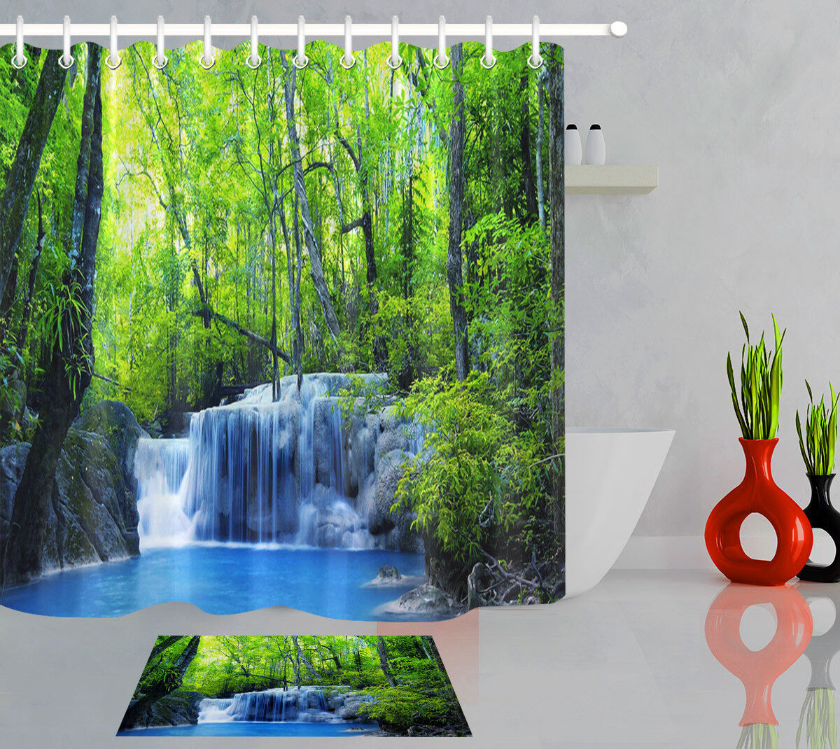 Serene Green Jungle Stream Waterfall Shower Curtain With Tropical Woods Print For Tranquil Bathroom Decor