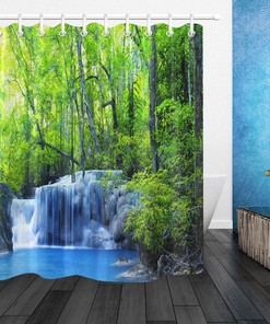 Serene Green Jungle Stream Waterfall Shower Curtain With Tropical Woods Print For Tranquil Bathroom Decor