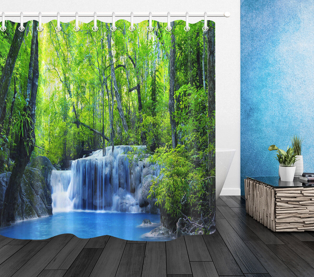 Serene Green Jungle Stream Waterfall Shower Curtain With Tropical Woods Print For Tranquil Bathroom Decor