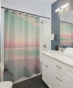 Serene Minimalist Tropical Beach Sunrise Shower Curtain for a Relaxing Shower Experience