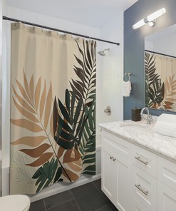Serene Palm Leaf Shower Curtain For A Tranquil Bathroom Decor, Tropical Bathroom Accessories