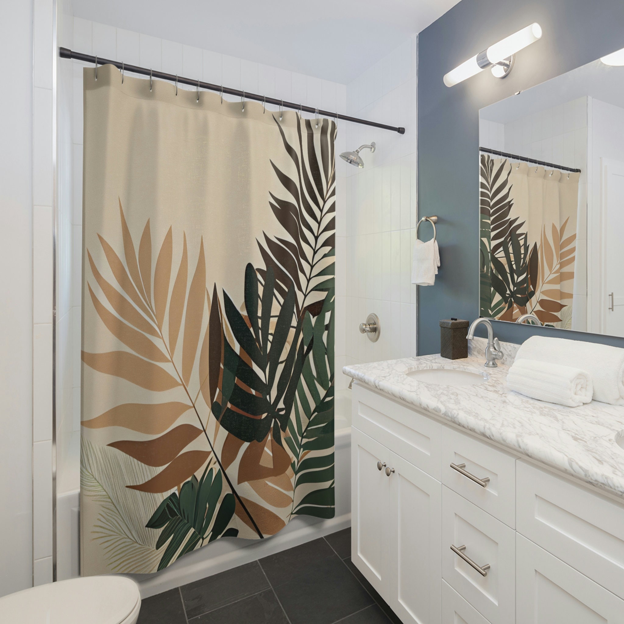 Serene Palm Leaf Shower Curtain For A Tranquil Bathroom Decor, Tropical Bathroom Accessories