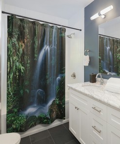 Serene Rainforest and Waterfall Shower Curtain for a Calming and Natural Bathroom Theme