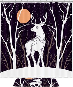 Serene Snow Deer Under Moon Waterproof Bathroom Shower Curtain